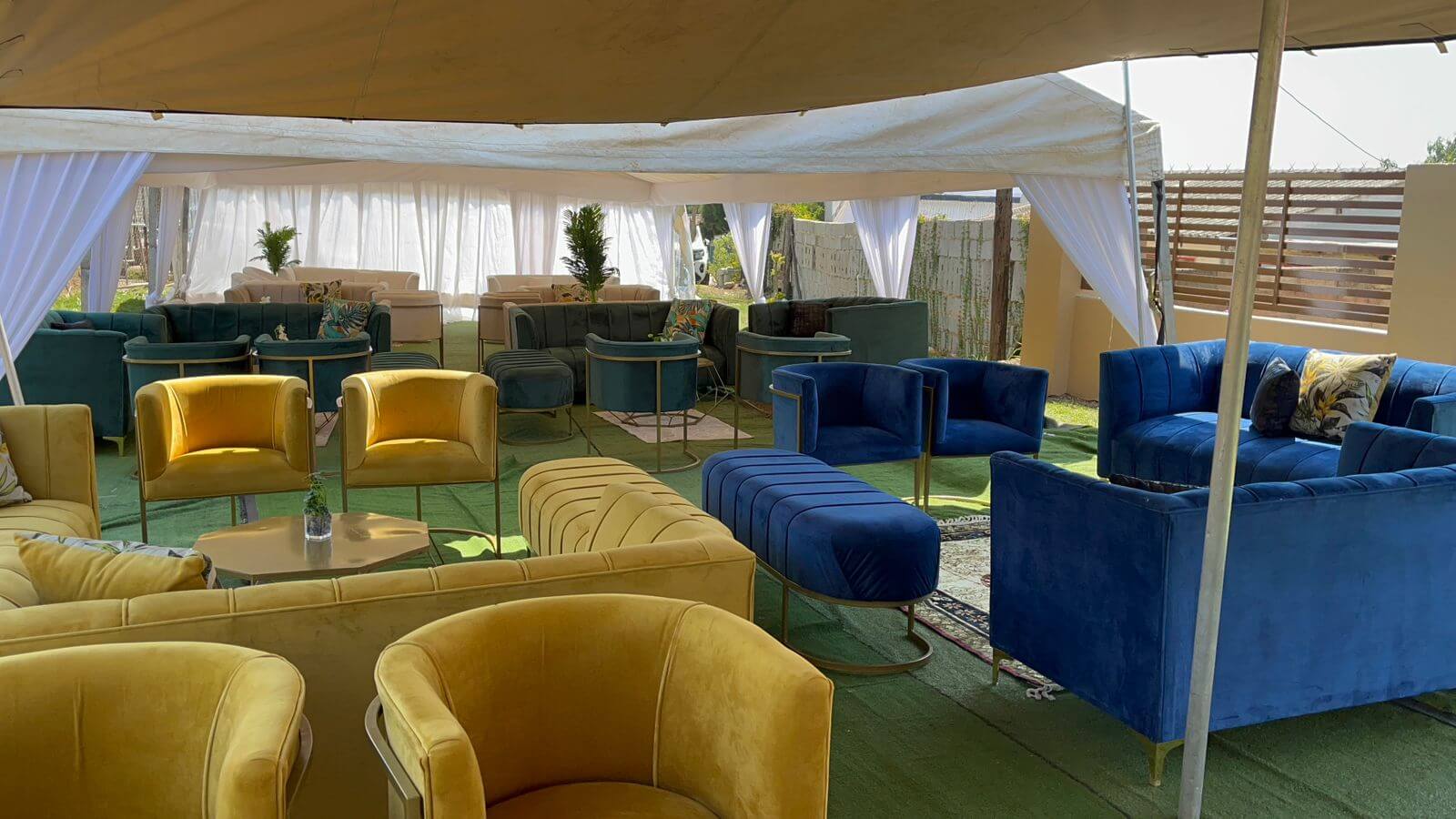 Blue, Gold & Green lounge setup